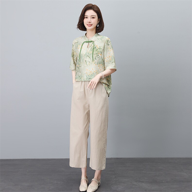 新中式国风棉麻套装女2025夏装新款时尚中年妈妈阔腿裤亚麻两件套,女装套装/套裙,依恋蒂丝