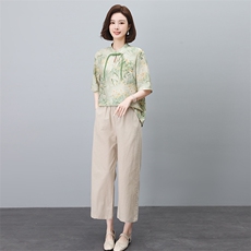 新中式国风棉麻套装女2025夏装新款时尚中年妈妈阔腿裤亚麻两件套，女装套装/套裙，依恋蒂丝