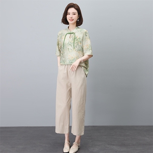 新中式国风棉麻套装女2025夏装新款时尚中年妈妈阔腿裤亚麻两件套图片