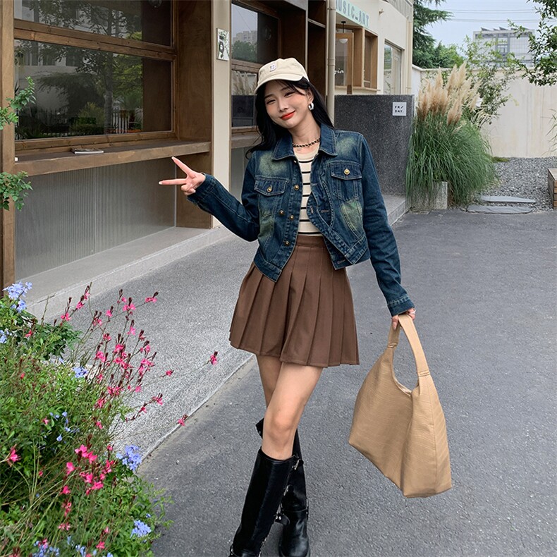 美式复古炸街设计感做旧蓝牛仔外套女2024高级百搭休闲短夹克上衣,女装短外套,MQ