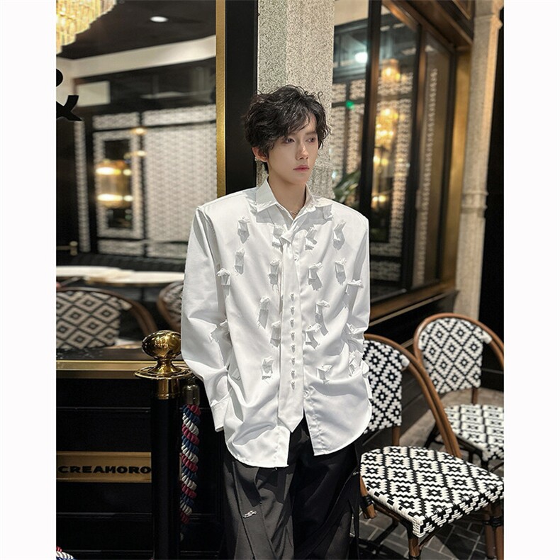现货25设计感重工男士钉珠领带白色衬衫cs123-p118,男装衬衫,电商B288