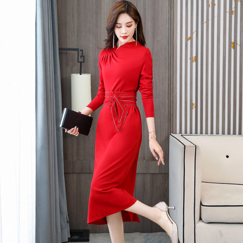 春季新款优雅修身显瘦红色长袖连衣裙搭配腰带适合职场女性,女装套装/套裙,韩蜜菓