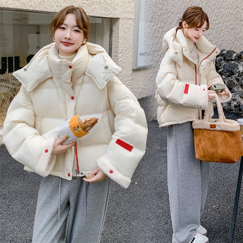 2024冬季新款仿羊羔毛拼接羽绒服短款白鸭绒加厚面包服90白鸭绒,女装羽绒服,韩蜜菓