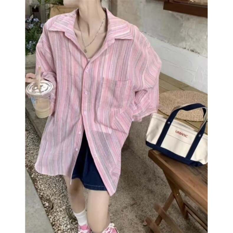 TC493-P45宽松气质时尚单排扣条纹防晒衬衫上衣,女装衬衫,星座617A-2