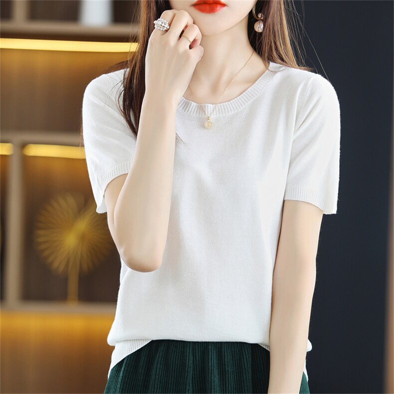 圆领短袖毛衣针织打底衫女内搭秋冬新款简约套头百搭薄款半袖女，女装T恤，朝思羊绒