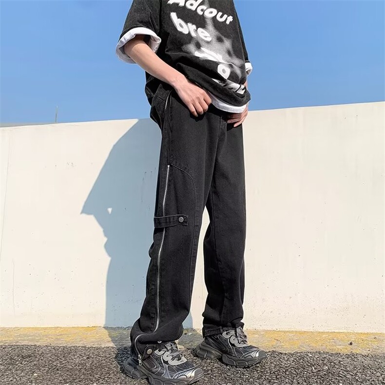牛仔裤男宽松潮流高街重磅阔腿裤子潮牌侧拉链直筒工装裤NK30P50,男装牛仔裤,星座410-2