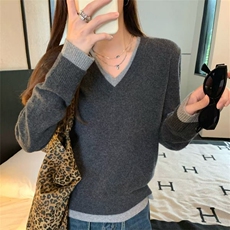 秋冬V领长袖针织衫女韩版宽松时尚百搭上衣内搭毛衣，女装针织衫/毛衣，鑫之绒
