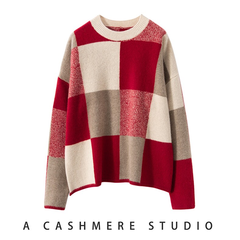 新款羊绒衫女宽松圆领撞色格子堆堆领套头毛衣长袖内搭，女装羊绒衫，万品羊绒