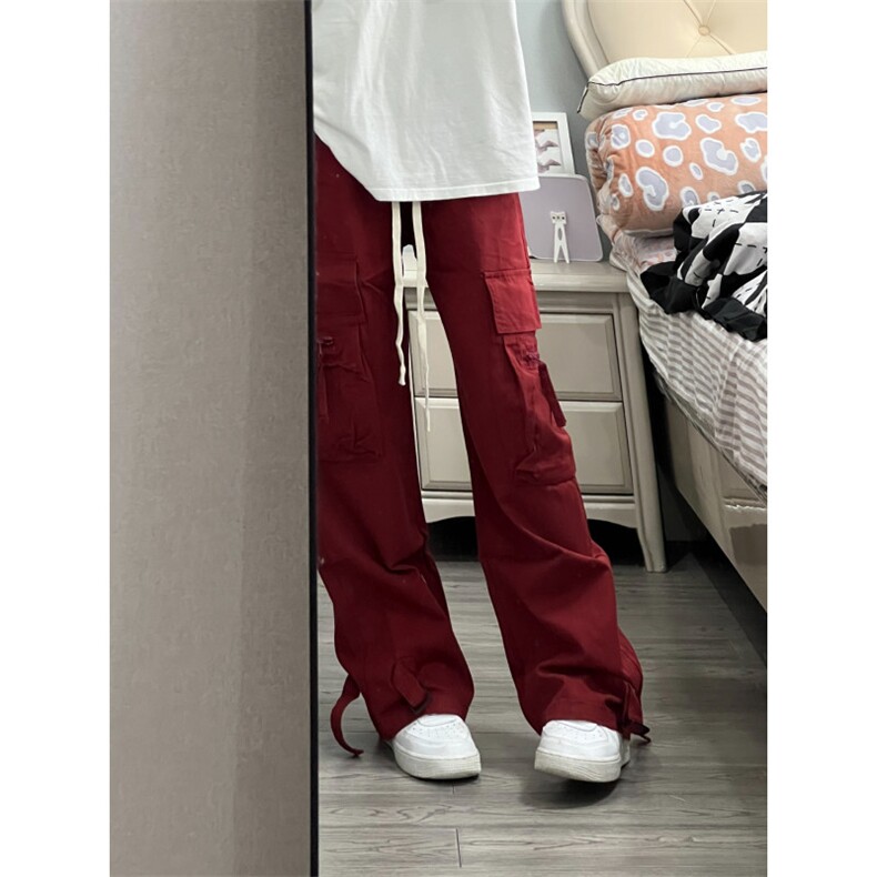 【有货】酒红色工装裤美式复古hiphop裤子高街阔腿裤K15WW-特P45图片