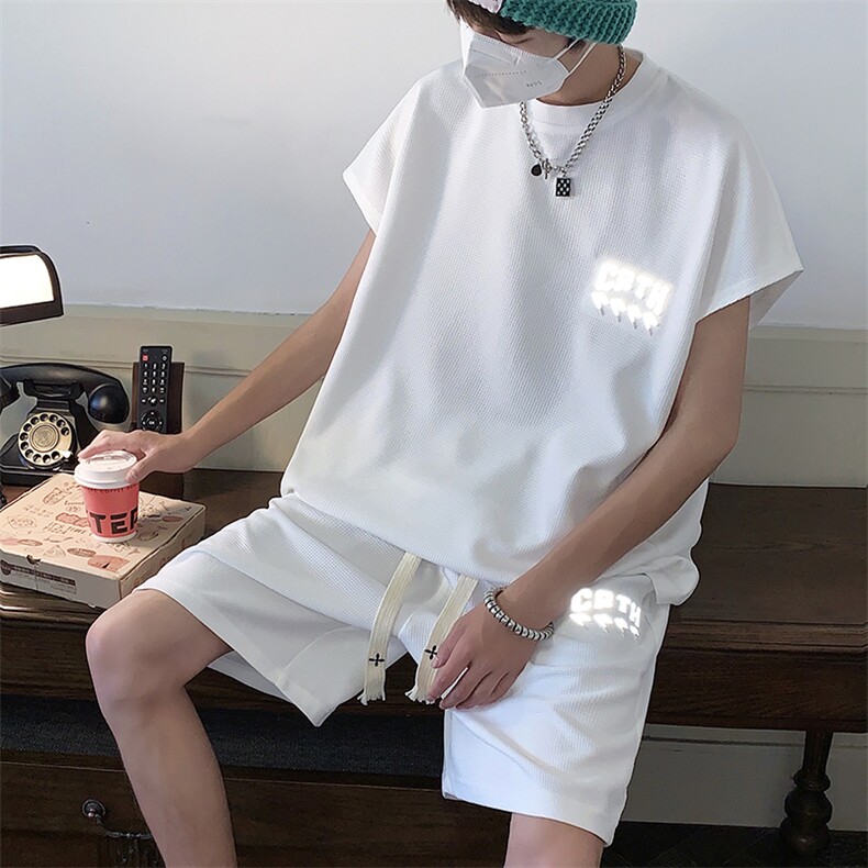 套装反光标华夫格T恤背心短裤两件套大码港风XZ80002-P55，男装休闲套装，电商A042