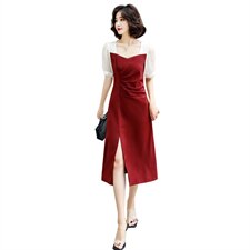 2021年夏季新款气质修身显瘦方领短袖中长款开叉拼色连衣裙，女装连衣裙，盈茜