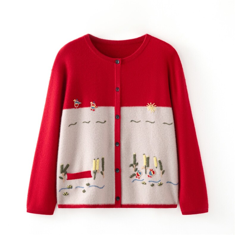 2025年秋季时尚百搭通勤简约休闲加厚圆领拼色手工绣开衫，女装羊绒衫，轩妮羊绒