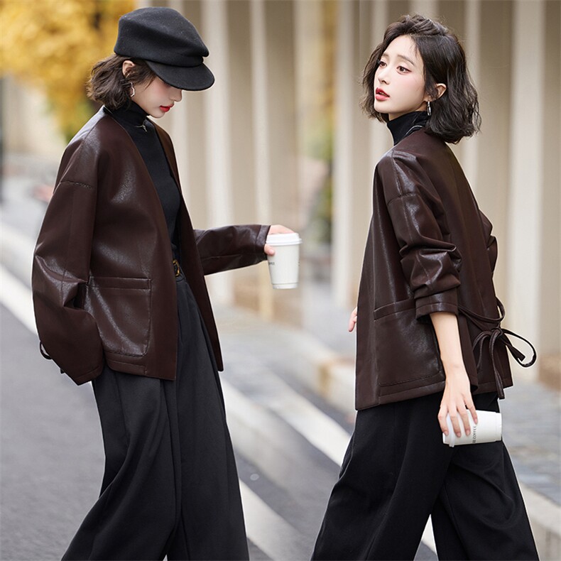 皮衣开春外套女款2025秋新款高级感小个子PU皮系带机车服酷飒风潮,女装皮衣,流量+