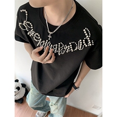 美式复古钉珠短袖T恤男小众夏季潮牌高级感宽松休闲上衣YW231P42，男装T恤，星座1013-1