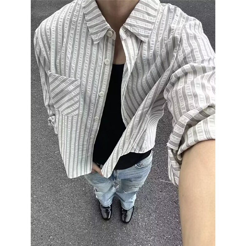 高街条纹泡泡纱衬衫男款春季高级感长袖衬衫cleanfit痞帅衬衫外套，男装衬衫，星座302B