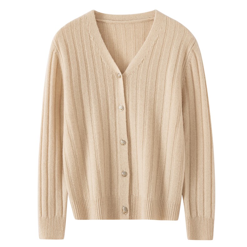 2025年秋季新款七针坑条V领针织羊绒开衫时尚休闲通勤百搭，女装羊绒衫，博友羊绒