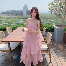 甜美小清新无袖吊带挂脖式连衣裙仙女风夏季裙子纯色，女装连衣裙，2C086