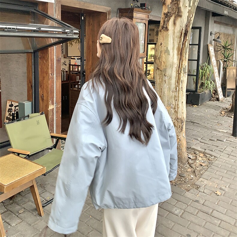 蓝色设计感针织拼接立领羽绒服女2025冬新款宽松加厚保暖白鸭绒服,女装短外套,2C129