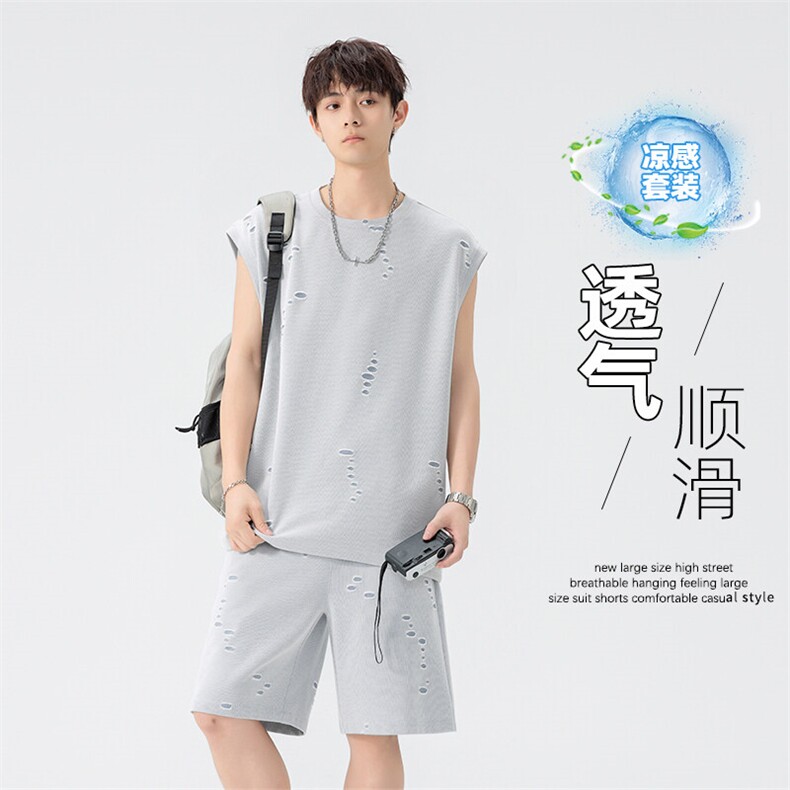 特批P60无差价夏季高级感潮流镂空烧花破洞大码背心短裤男TZ5579，男装休闲套装，电商A001-1