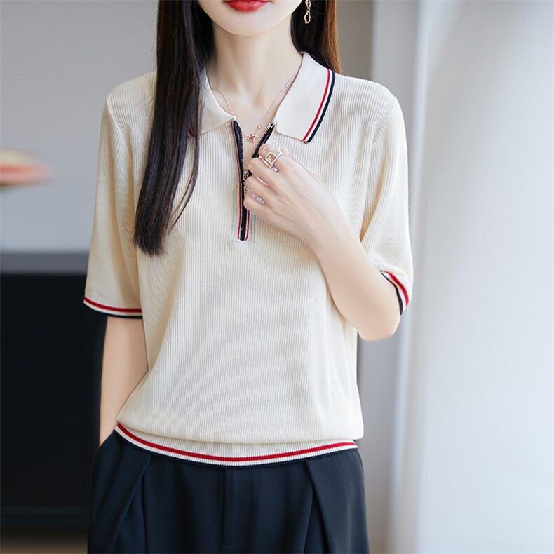 拼色POLO领休闲天丝针织短袖T恤女2025夏季时尚洋气小衫薄款上衣,针织衫/毛衣,唐诺
