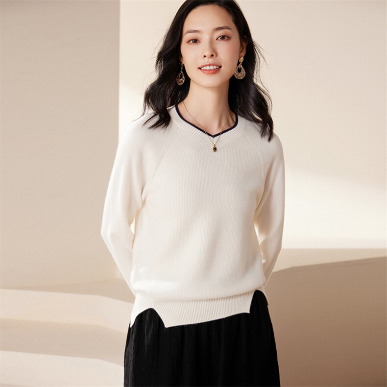帕什24秋冬新款开叉羊绒衫女V领拼色简约针织毛衣JF511,女装羊绒衫,江帆羊绒