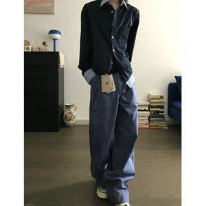 现货蓝色格子拼接翻领长袖上衣情侣款男女假两件衬衫 CX03-TP45图片