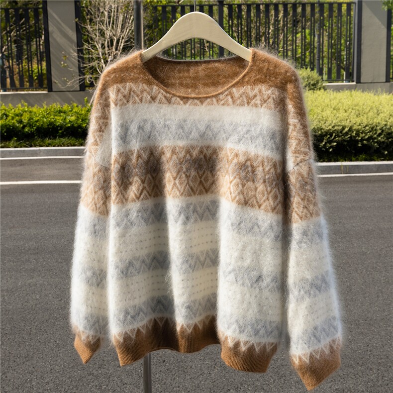 HE|撞色拉绒工艺！A规100%纯山羊绒衫女圆领针织衫宽松拼色毛衣，女装羊绒衫，诚赞羊绒