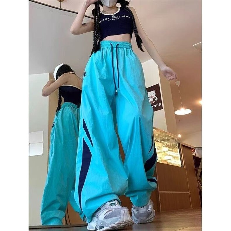 美式高街拼接阔腿裤女2025新款宽松高腰显瘦百搭垂感休闲运动长裤图片
