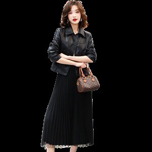 现货2023春季新款时尚气质显瘦潮流衬衫领皮衣外套女,女装套装/套裙,潮流依族