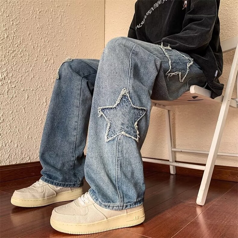美式oversize五角星牛仔裤男女秋冬ins高街vibe风直筒裤NK206-P48,男装牛仔裤,星座1008