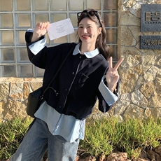 衬衫领拼工装风同色系撞色假两件套外套2C050-1235-P155-K238，女装短外套，2C050