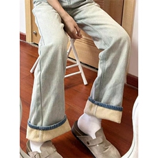 复古浅色水洗直筒阔腿牛仔裤冬季加绒2025加厚高腰宽松新款拖地裤，男装牛仔裤，星座1210-1
