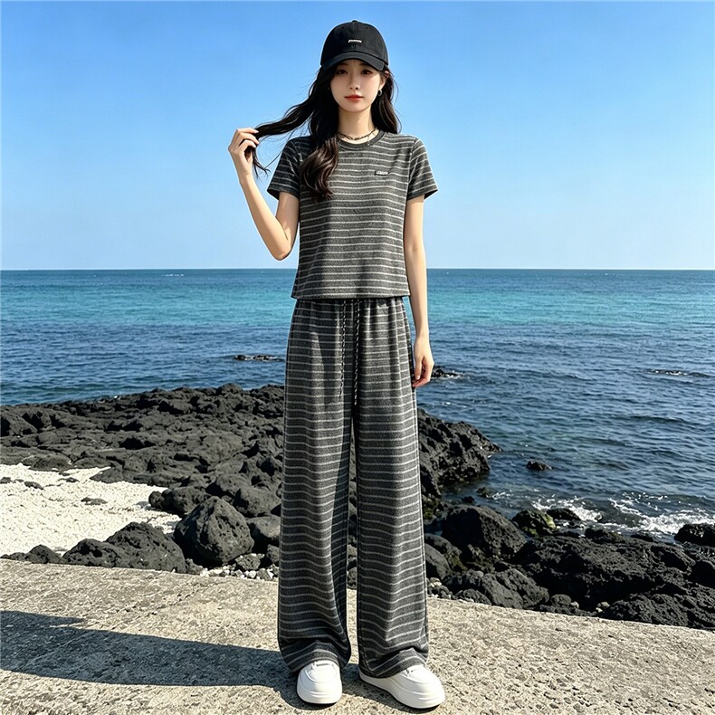 女夏季新款时尚休闲套装欧货圆领条纹短袖上衣高腰阔腿长裤两件套,女装套装/套裙,江南