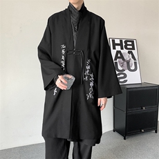 改版修正秋装新风书法刺绣风衣新中式长款汉服开衫褙子外套大码，男装风衣，星座909