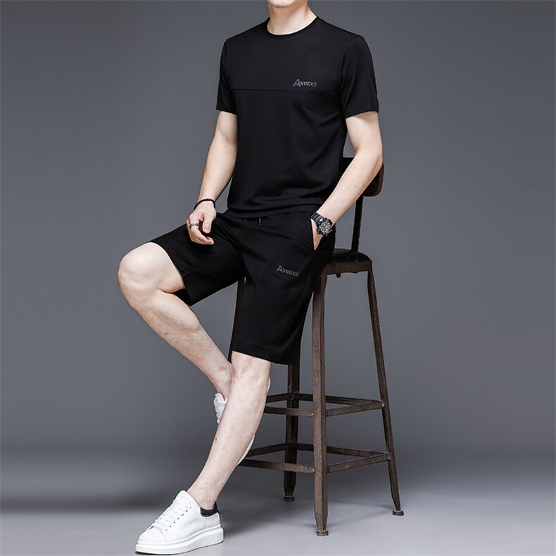 夏季中老年冰丝三件套男士圆领短袖长裤休闲中年夏装T恤运动套装,男装休闲套装,电商B212（原钱塘6029）