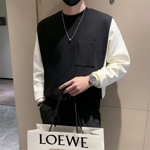 假两件垫肩卫衣男秋季设计感拼接重磅圆领打底上衣外套 M329图片