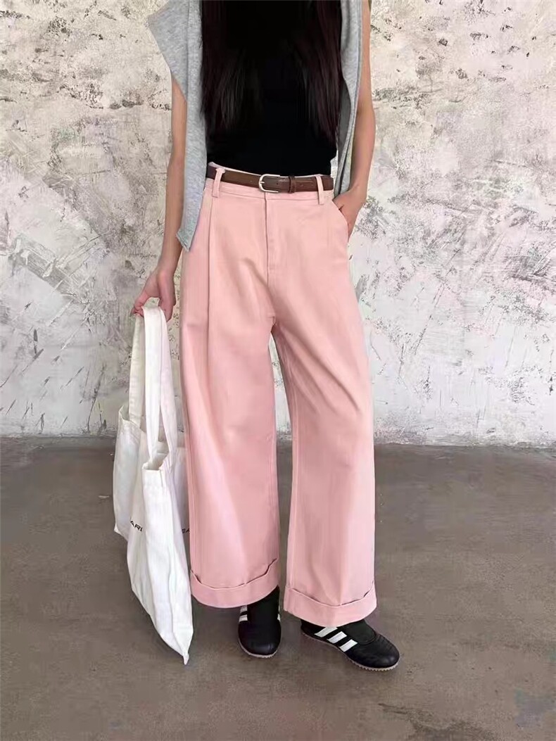 欧版挽边直筒裤百搭简约显瘦显高,女装休闲裤,湘姗
