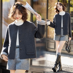 高级感圆领短款毛呢外套女2025秋冬季新款气质百搭双面呢羊毛大衣图片