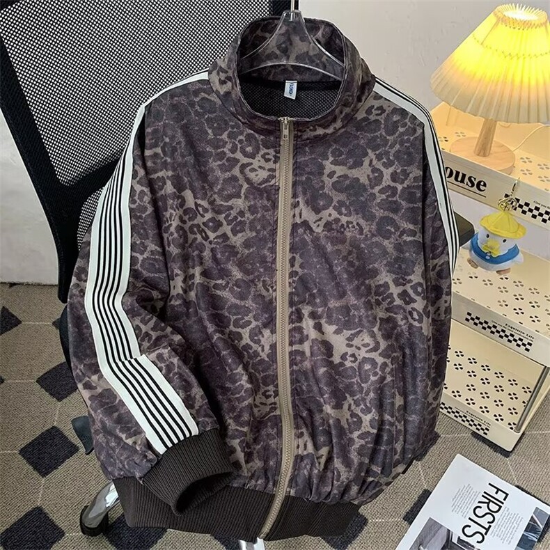 港风秋款男豹纹夹克衫迷彩条纹拼色外套J117P65,男装夹克,星座1013-1