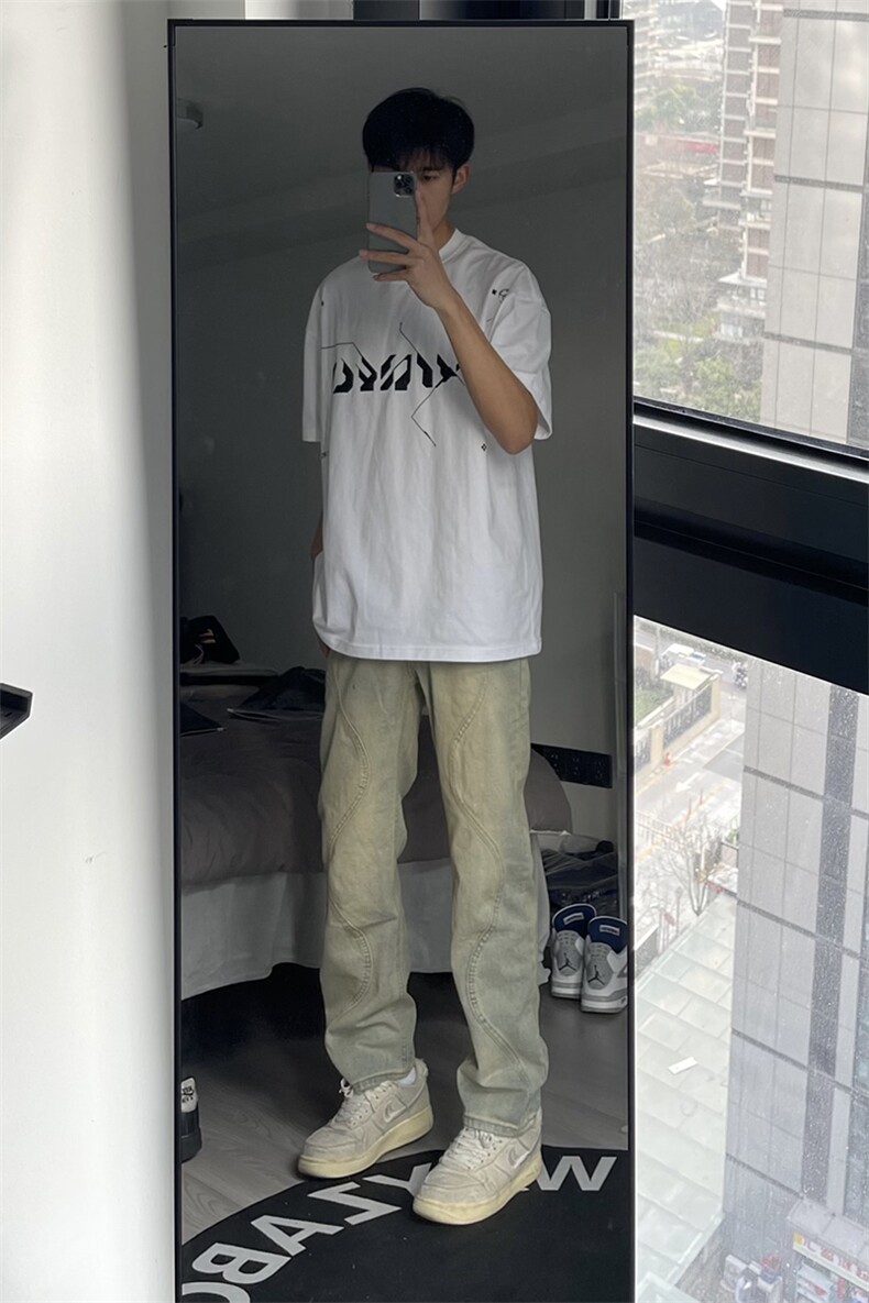 B221美式ins高街暗黑小众泥黄色休闲直筒牛仔裤LK23026-P60控78,男装牛仔裤,电商B221