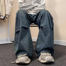 美式复古牛仔裤男生新款工装直筒裤子高街vibe潮牌阔腿N2255-p55，男装牛仔裤，星座1008