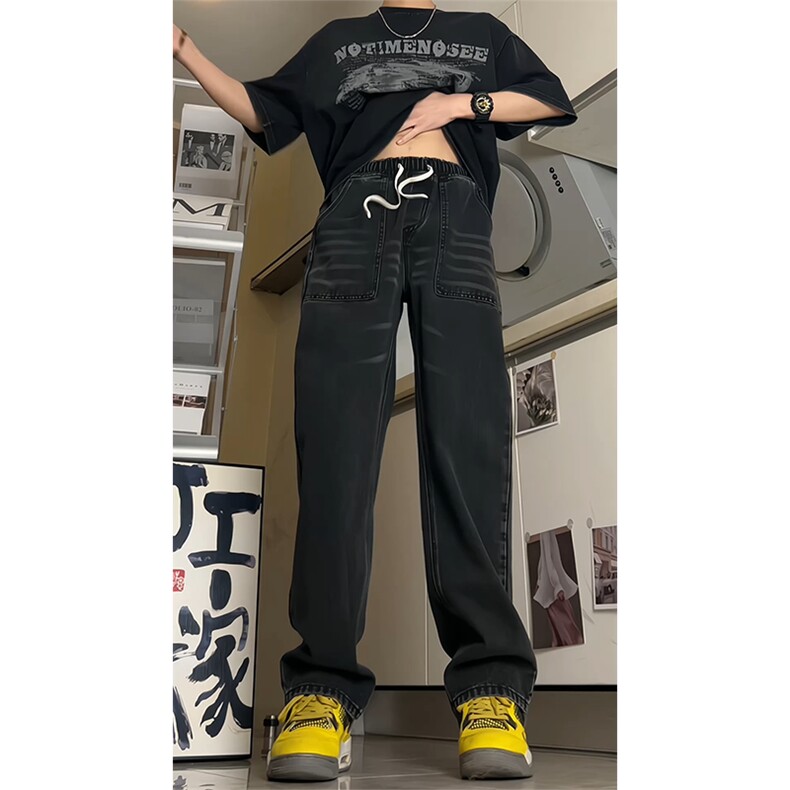 得物品质可二开宽松直筒松紧腰牛仔裤A439特P40,男装牛仔裤,电商A309