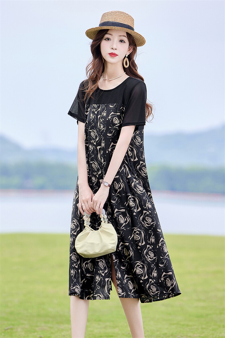 复古印花拼接连衣裙女2025夏新款时尚显瘦宽松休闲慵懒风T恤裙子,女装连衣裙,靓衣阁