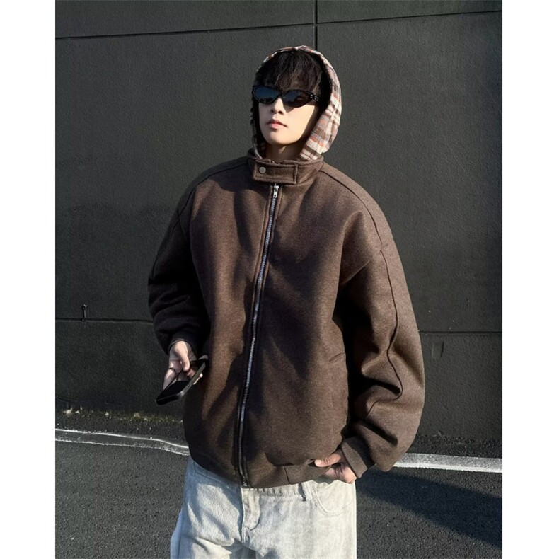 美式复古潮牌格纹连帽棉衣男冬季加厚假两件呢子外套W6278-P85,男装夹克,星座412-2