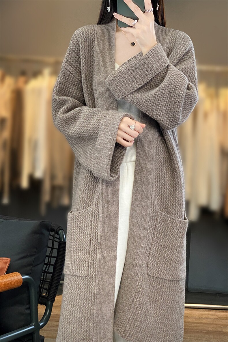 重磅中长款加厚100纯羊毛开衫女秋冬V领过膝羊绒衫宽松慵懒风外套,女装羊毛衫,北娇羊绒