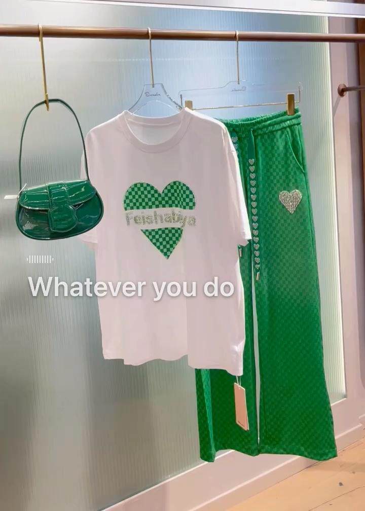 【FSBY】棋盘格爱心Ｔ手工钻工艺超垂感直筒裤，其它，菲莎比娅