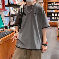 短袖T恤男夏季假两件潮牌宽松圆领青少年情侣款运动休闲短袖上衣，男装T恤，星座1013