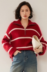 加厚半拉链翻领山羊绒衫女100羊绒24秋冬高领条纹大码针织毛衣，女装羊绒衫，尚达羊绒