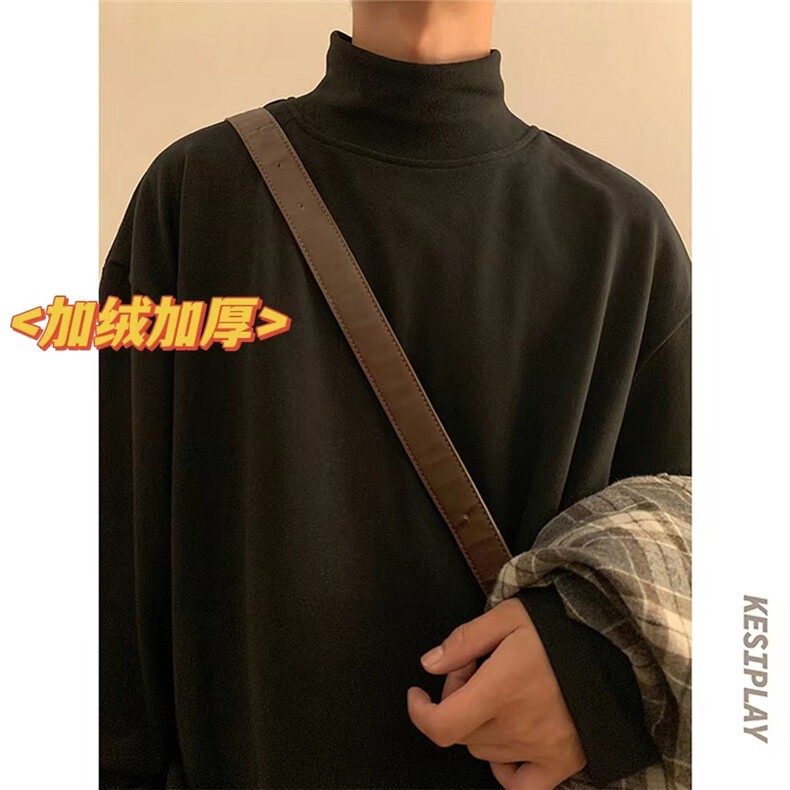 HD1438-TP35-控价48 仿德绒卫衣加绒加厚纯色打底半高领T恤男图片