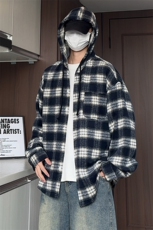 J5025/特P45春装港味新款格子连帽衬衫外套男女慵懒风休闲上衣，男装衬衫，电商A141